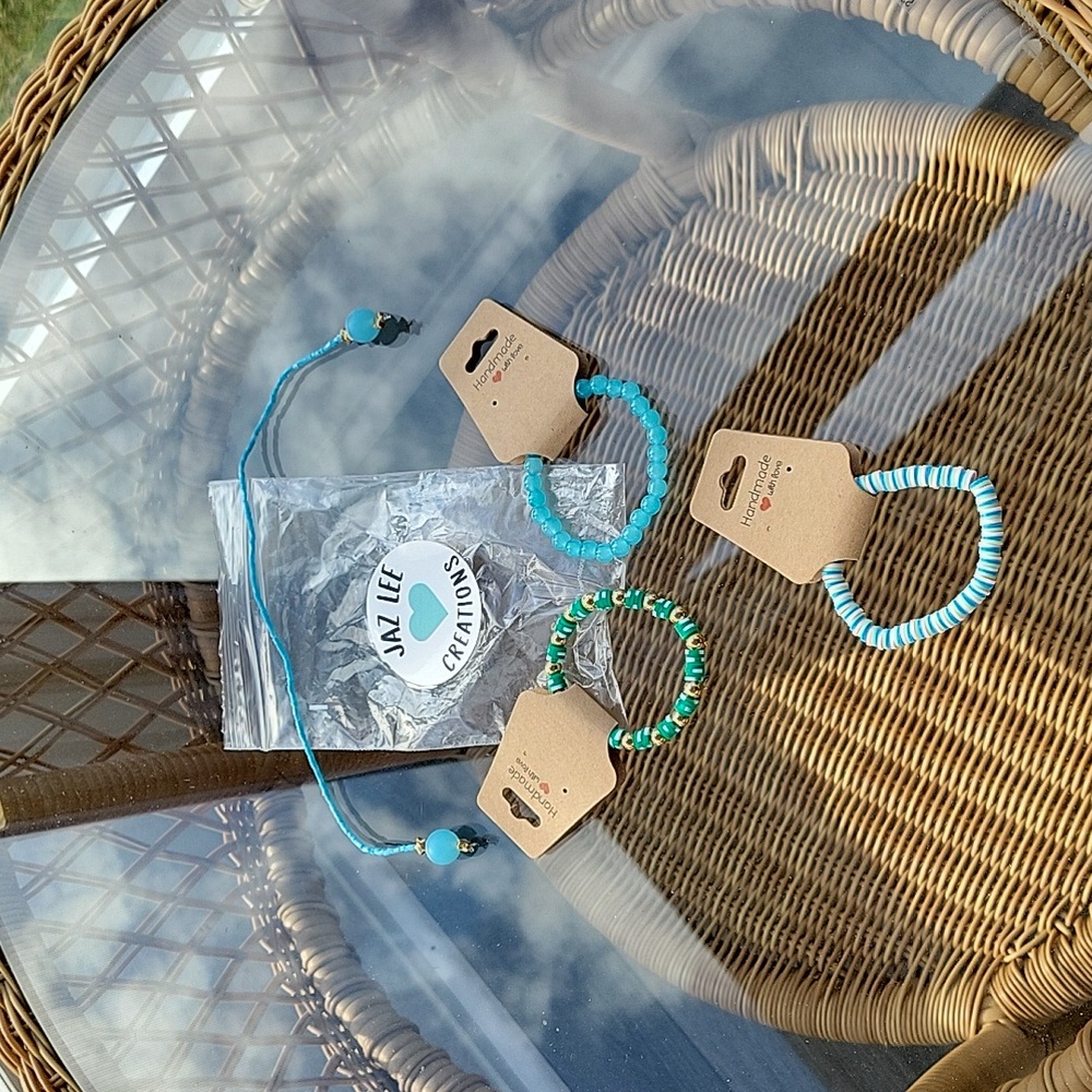 Handmade sea blue and green bead bracelets set of 3